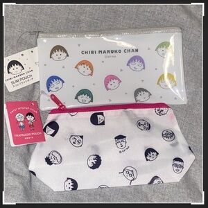 Daiso Chibi Maruko Chan Cosmetic Pouch pencil case Set - White and Pink